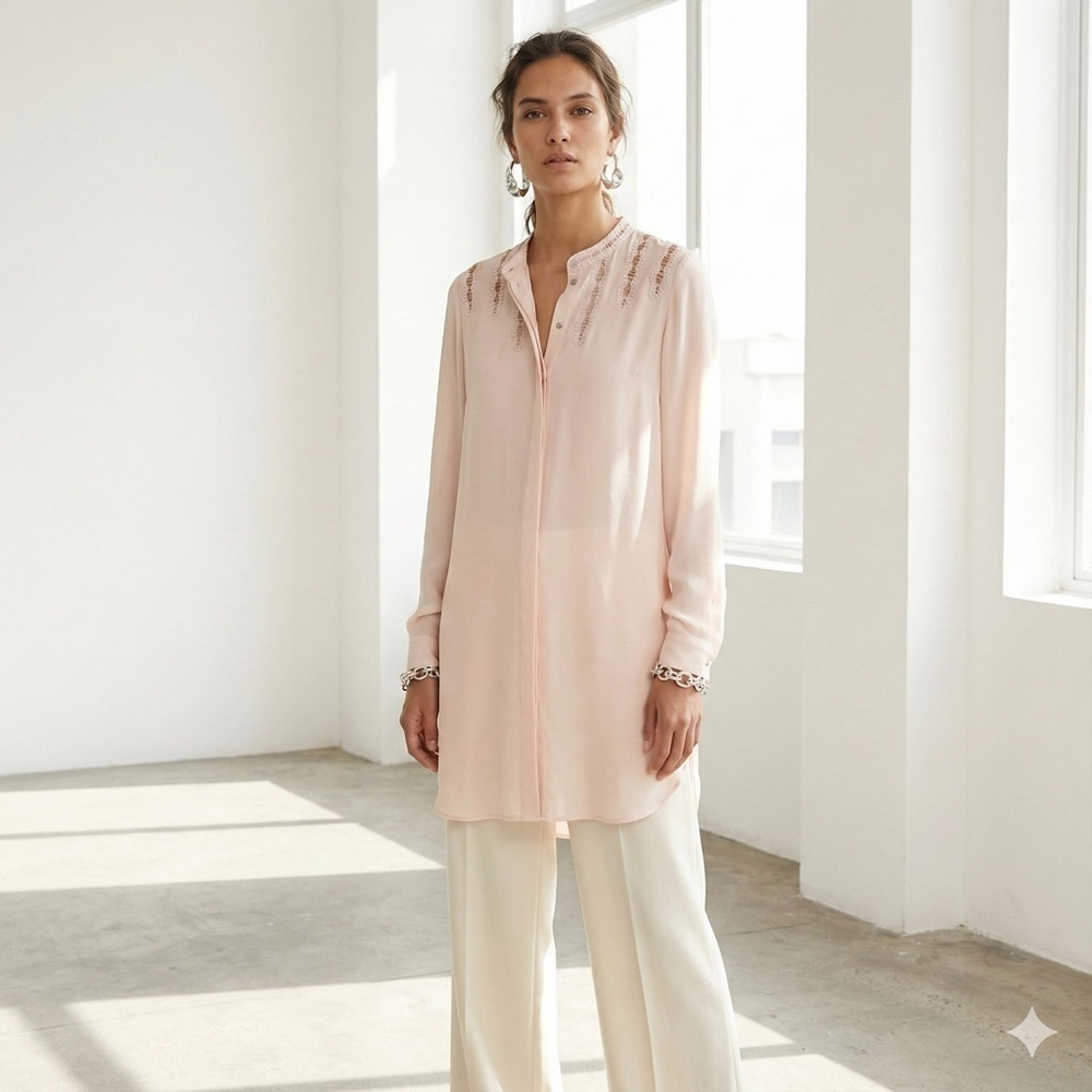 Elie Tahari powder pink silk Samaira long button down tunic blouse - Small